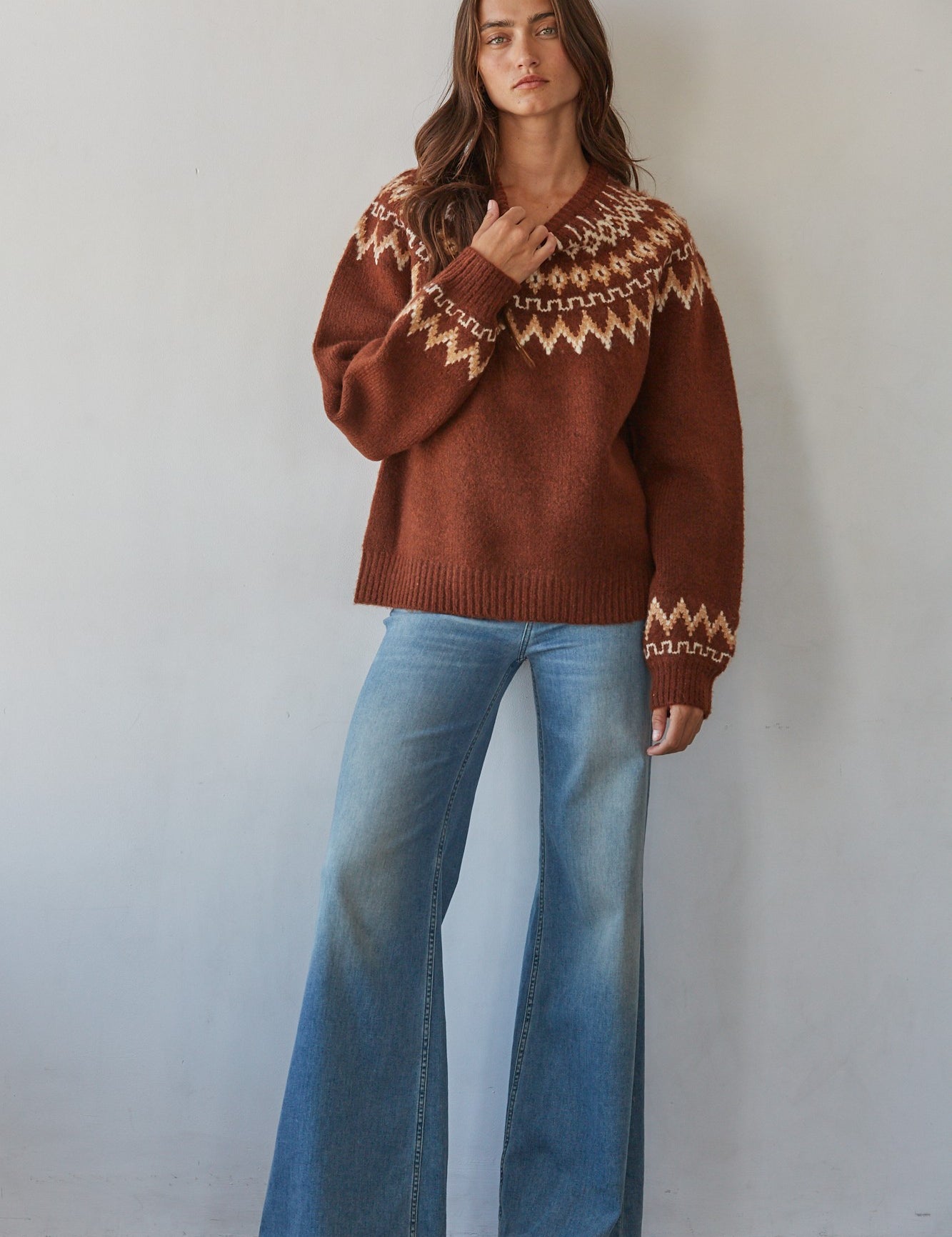 Tundra Fair Isle Mock Neck Sweater in Chocolate Cream - product photo 2