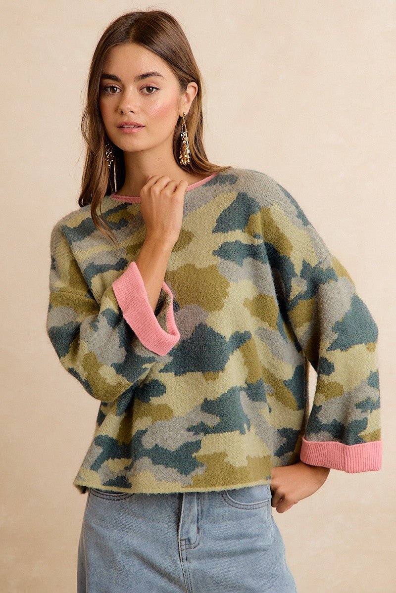 Underbrush Contrast Trim Camo Sweater - Westly