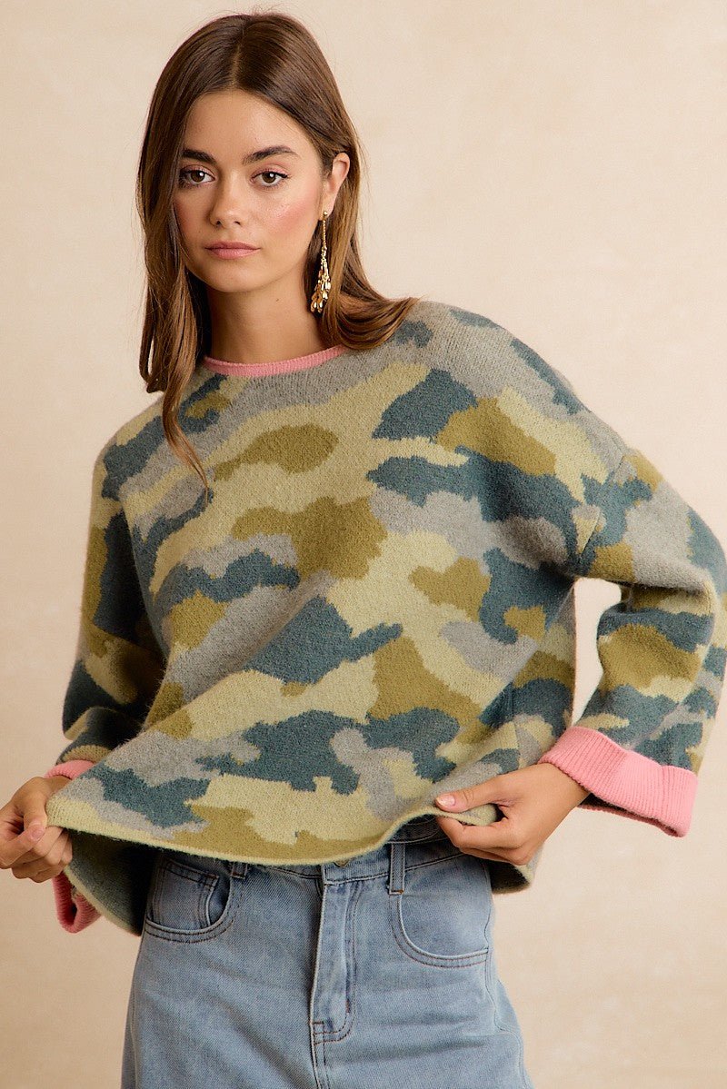 Underbrush Contrast Trim Camo Sweater - Westly