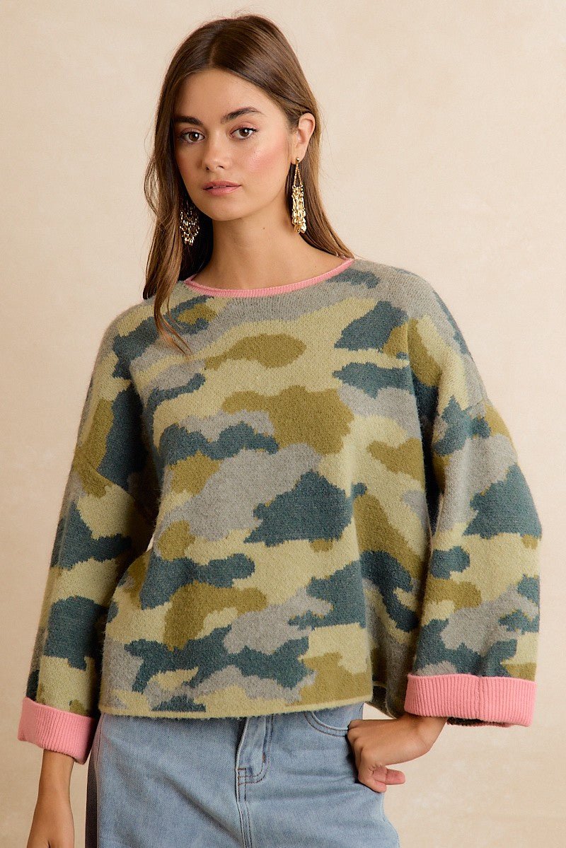 Underbrush Contrast Trim Camo Sweater - Westly