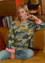 Underbrush Contrast Trim Camo Sweater - Camo Pink
