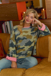 Underbrush Contrast Trim Camo Sweater - Camo Pink