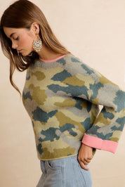 Underbrush Contrast Trim Camo Sweater - Camo Pink
