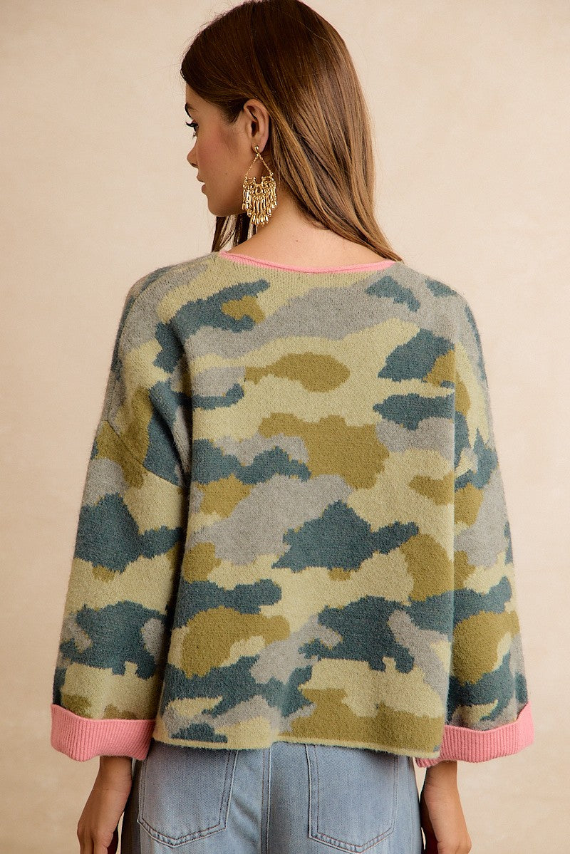 Underbrush Contrast Trim Camo Sweater - Camo Pink