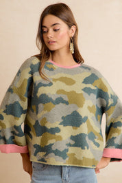 Underbrush Contrast Trim Camo Sweater - Camo Pink