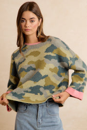 Underbrush Contrast Trim Camo Sweater - Camo Pink