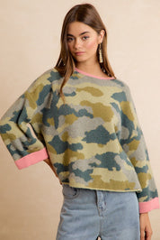 Underbrush Contrast Trim Camo Sweater - Camo Pink