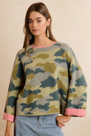 Underbrush Contrast Trim Camo Sweater - Camo Pink