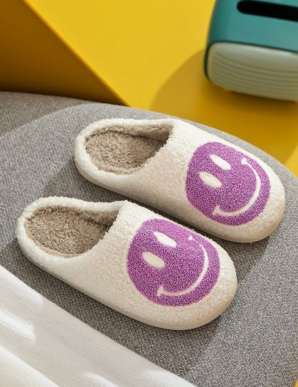 Upbeat Smiley Face Slippers - White Purple - product photo 01