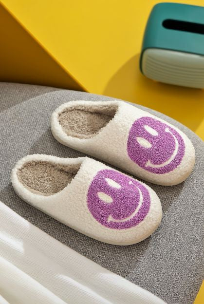 Upbeat Smiley Face Slippers - White Purple - product photo 01
