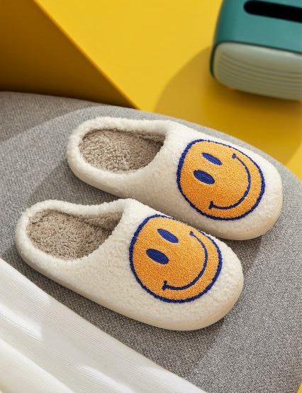 Upbeat Smiley Face Slippers - White Yellow Blue - product photo 01