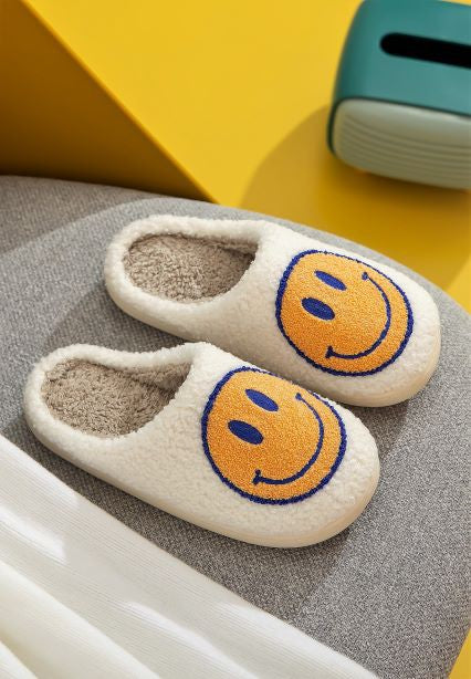 Upbeat Smiley Face Slippers - White Yellow Blue - product photo 01