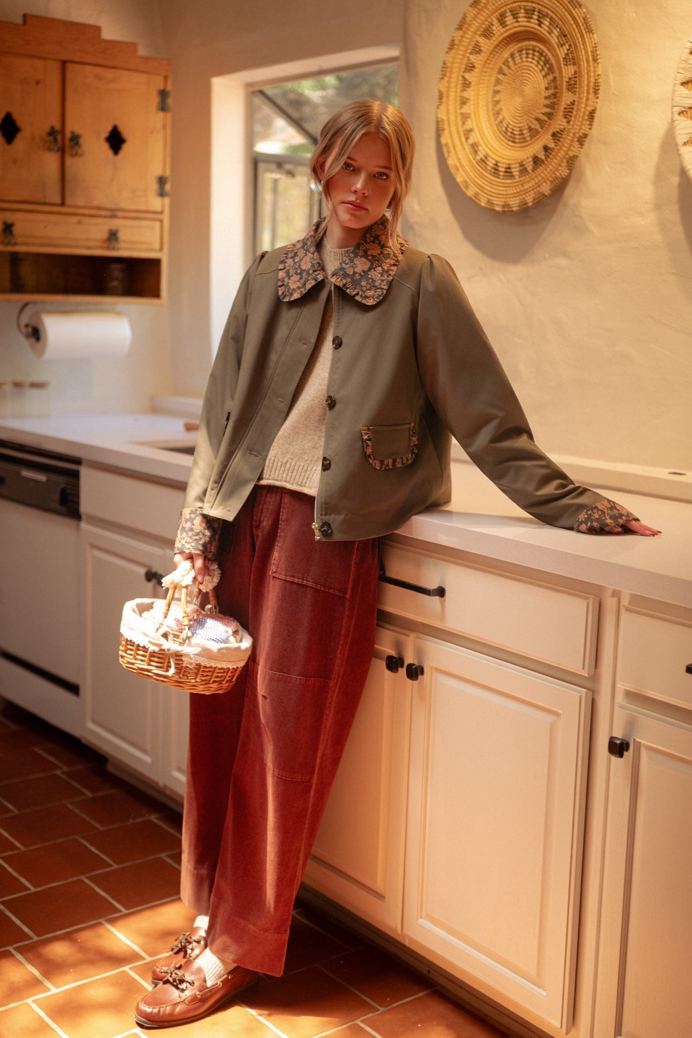 Utility Romance Floral Trim Utility Jacket in Deep Khaki Combo, photo 7