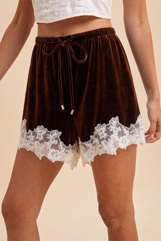 Velvet Hour Lace Trim Shorts in Chocolate - product photo 2