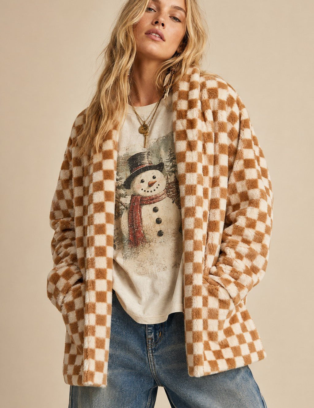 Venice Beach Checkered Faux Fur Cardigan - Westly