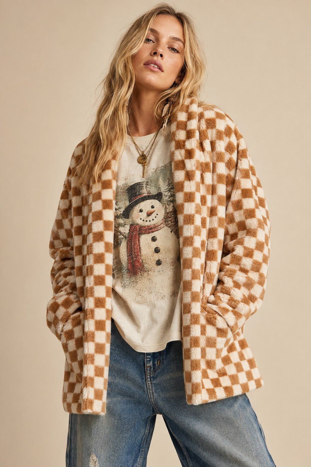 Venice Beach Checkered Faux Fur Cardigan - Westly
