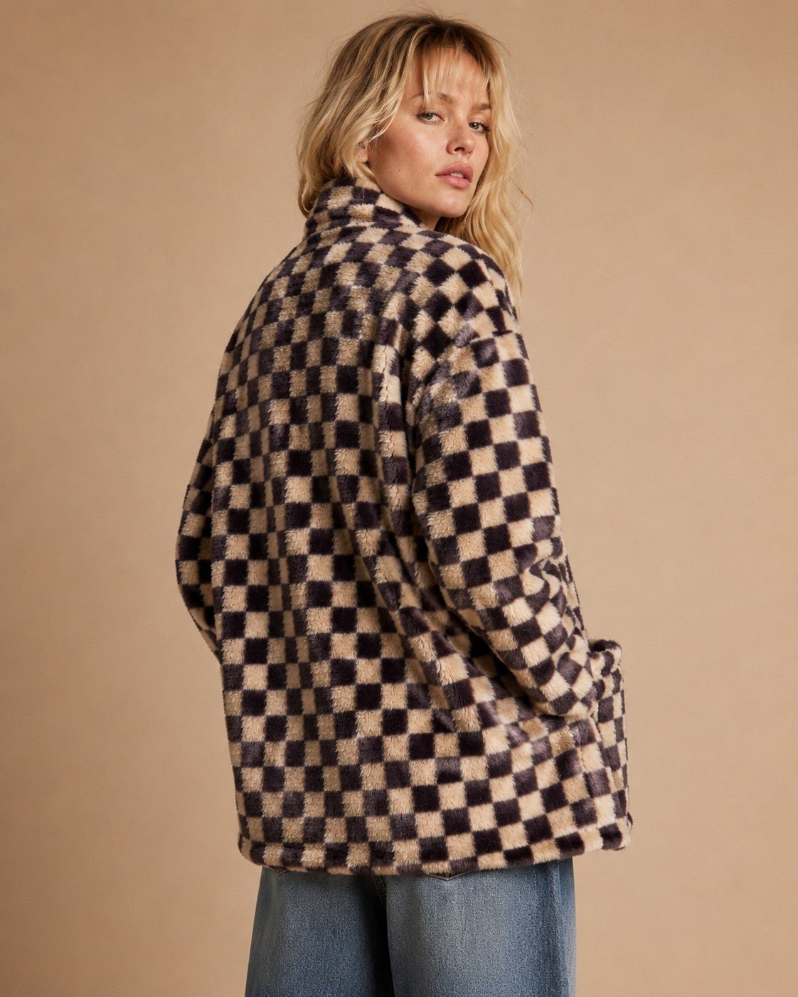 Venice Beach Checkered Faux Fur Cardigan - Westly