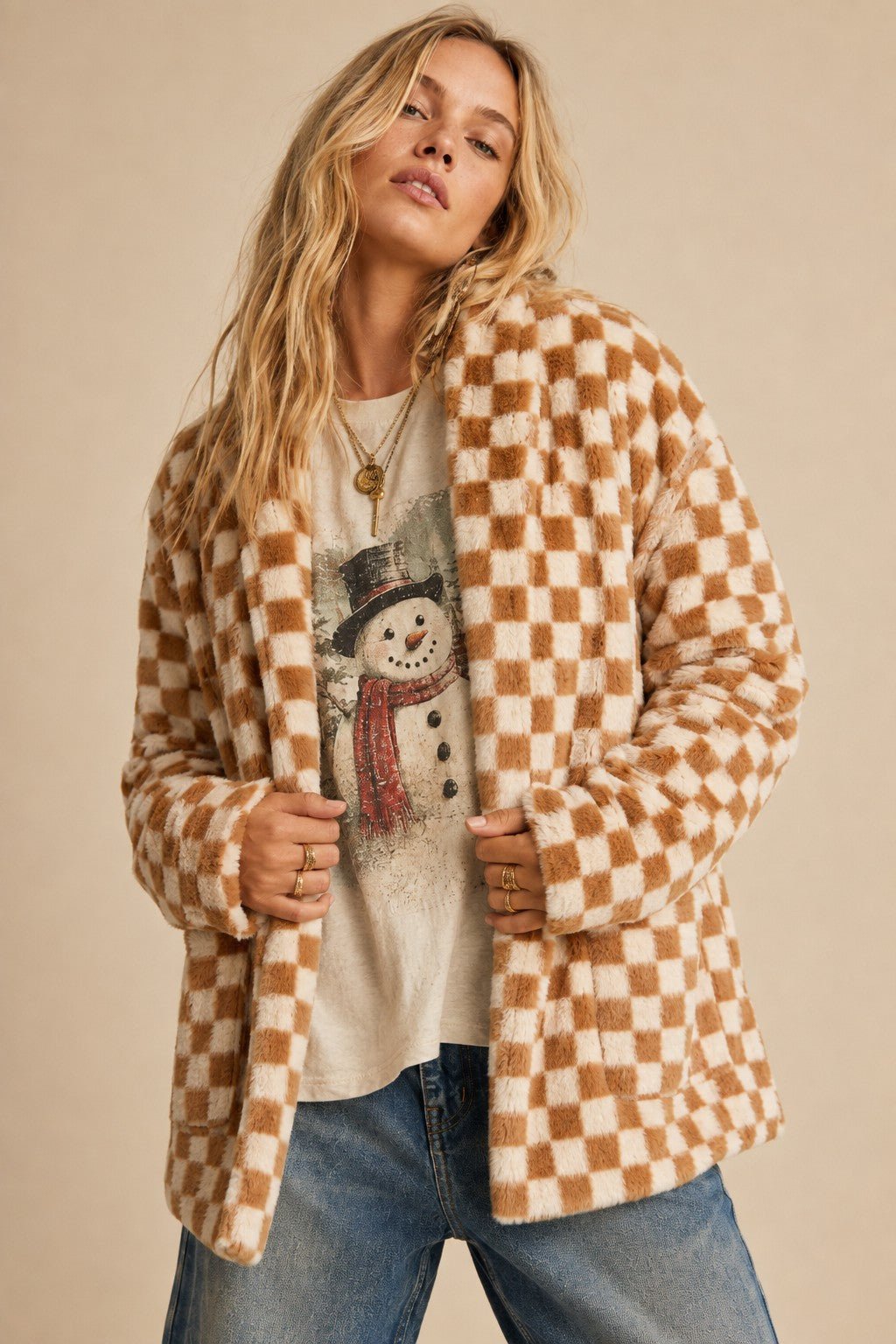 Venice Beach Checkered Faux Fur Cardigan - Westly