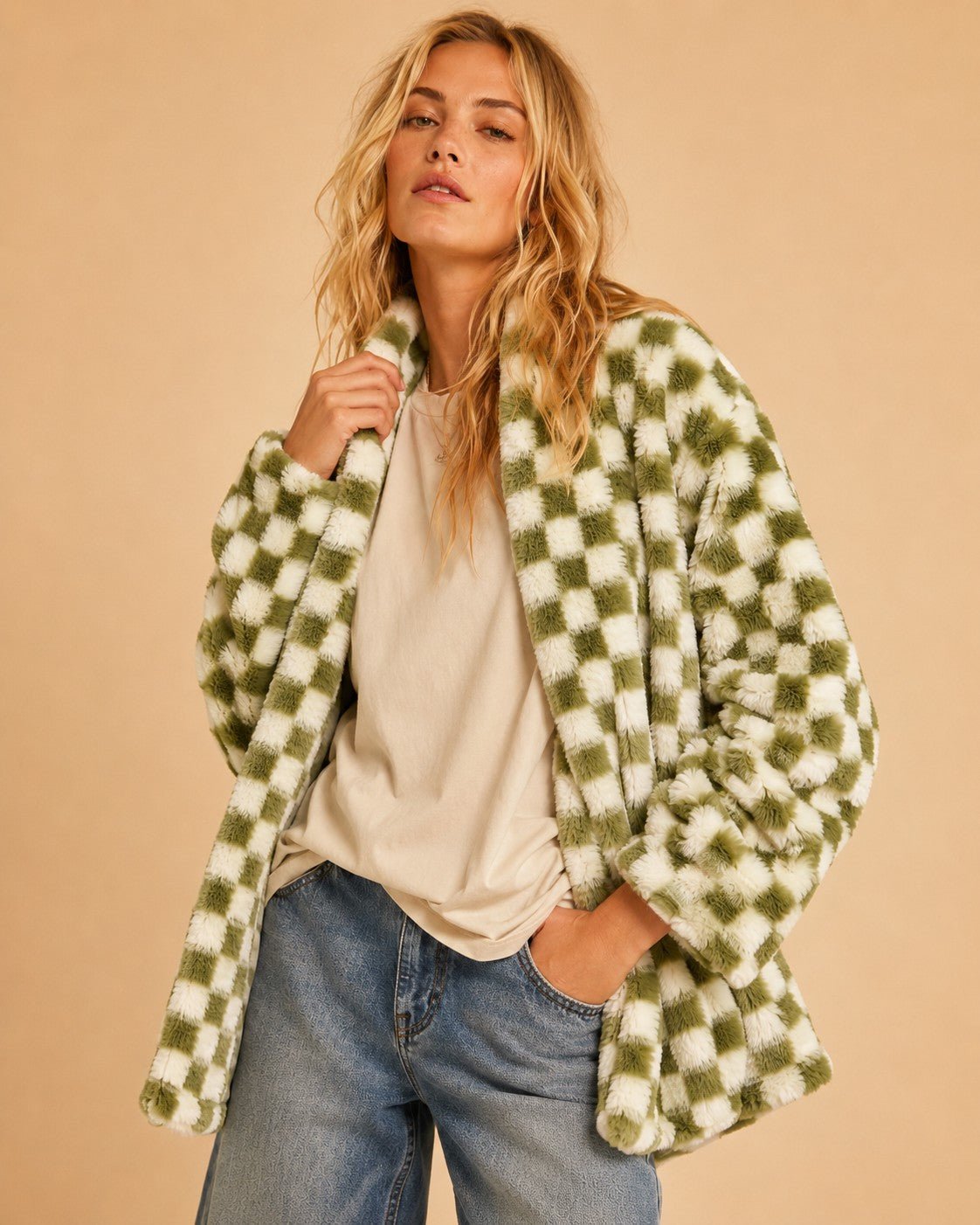 Venice Beach Checkered Faux Fur Cardigan - Westly