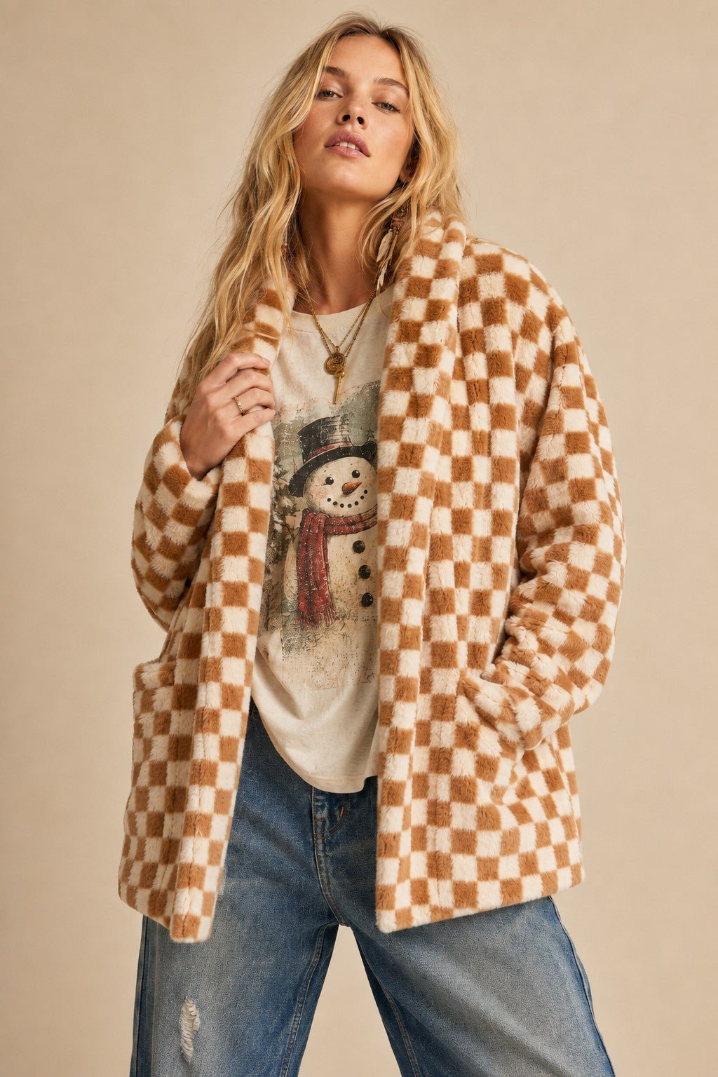 Venice Beach Checkered Faux Fur Cardigan - Westly