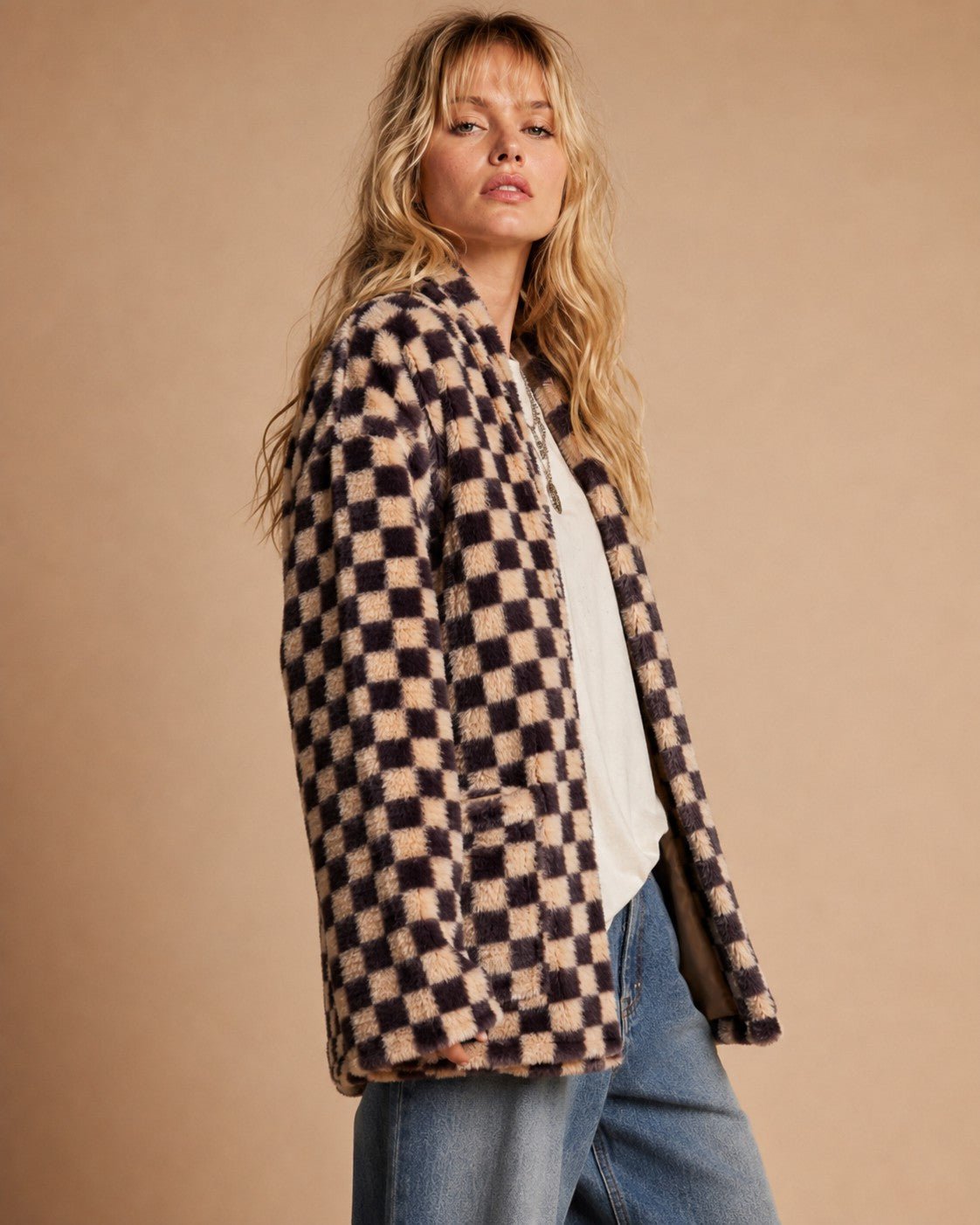 Venice Beach Checkered Faux Fur Cardigan - Westly