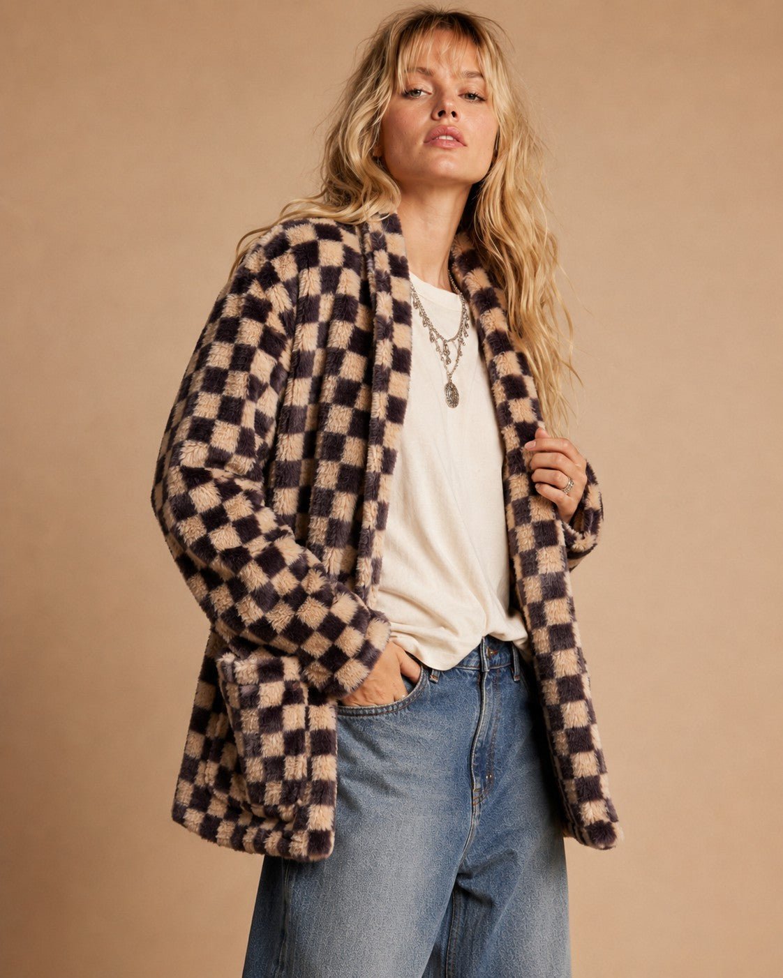 Venice Beach Checkered Faux Fur Cardigan - Westly