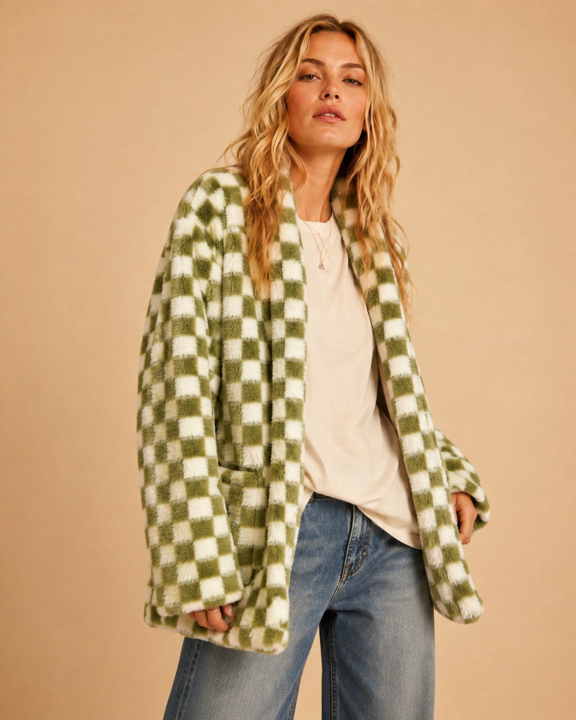 Venice Beach Checkered Faux Fur Cardigan - Westly