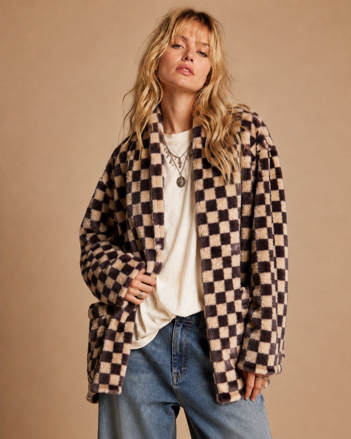 Venice Beach Checkered Faux Fur Cardigan - Westly