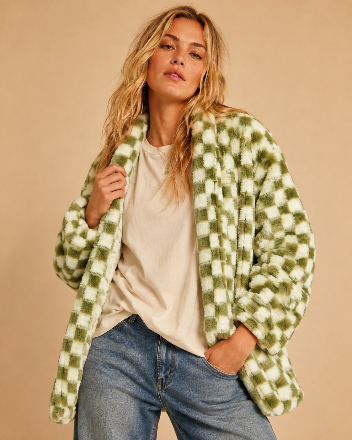 Venice Beach Checkered Faux Fur Cardigan - Westly