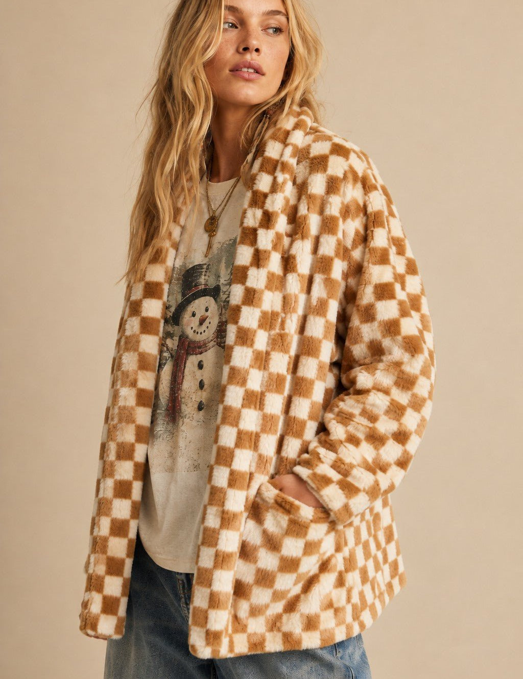 Venice Beach Checkered Faux Fur Cardigan - Westly