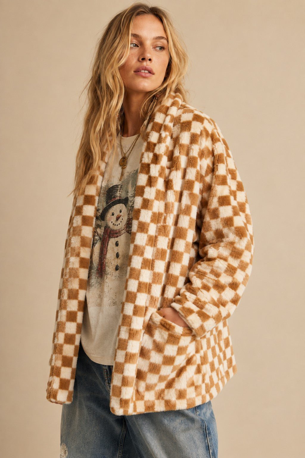 Venice Beach Checkered Faux Fur Cardigan - Westly