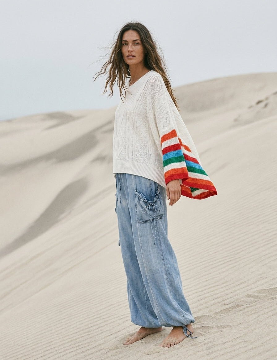 Ventana Cable Knit Sweater With Rainbow Stripes - Westly