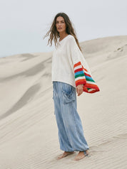 Ventana Cable Knit Sweater With Rainbow Stripes - Westly