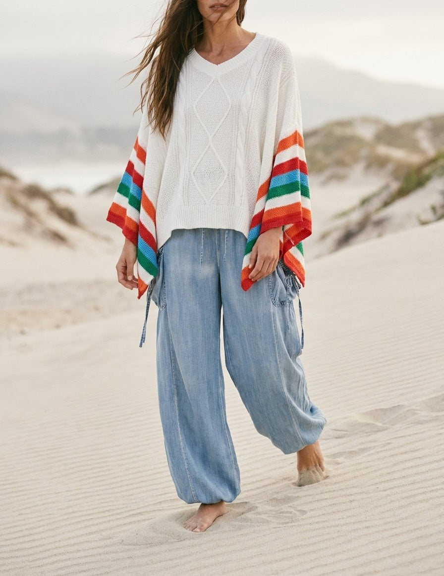 Ventana Cable Knit Sweater With Rainbow Stripes - Westly