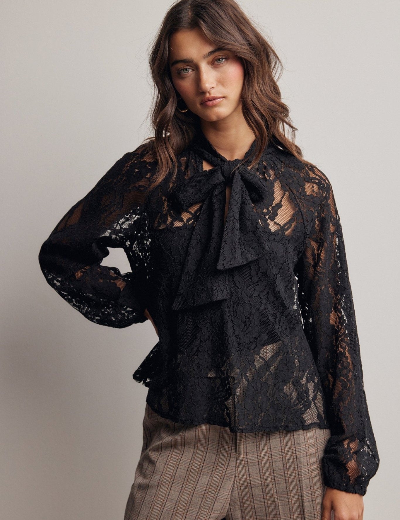 Verity Sheer Lace Tie Neck Blouse - Westly