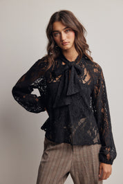 Verity Sheer Lace Tie Neck Blouse in Black, photo 1