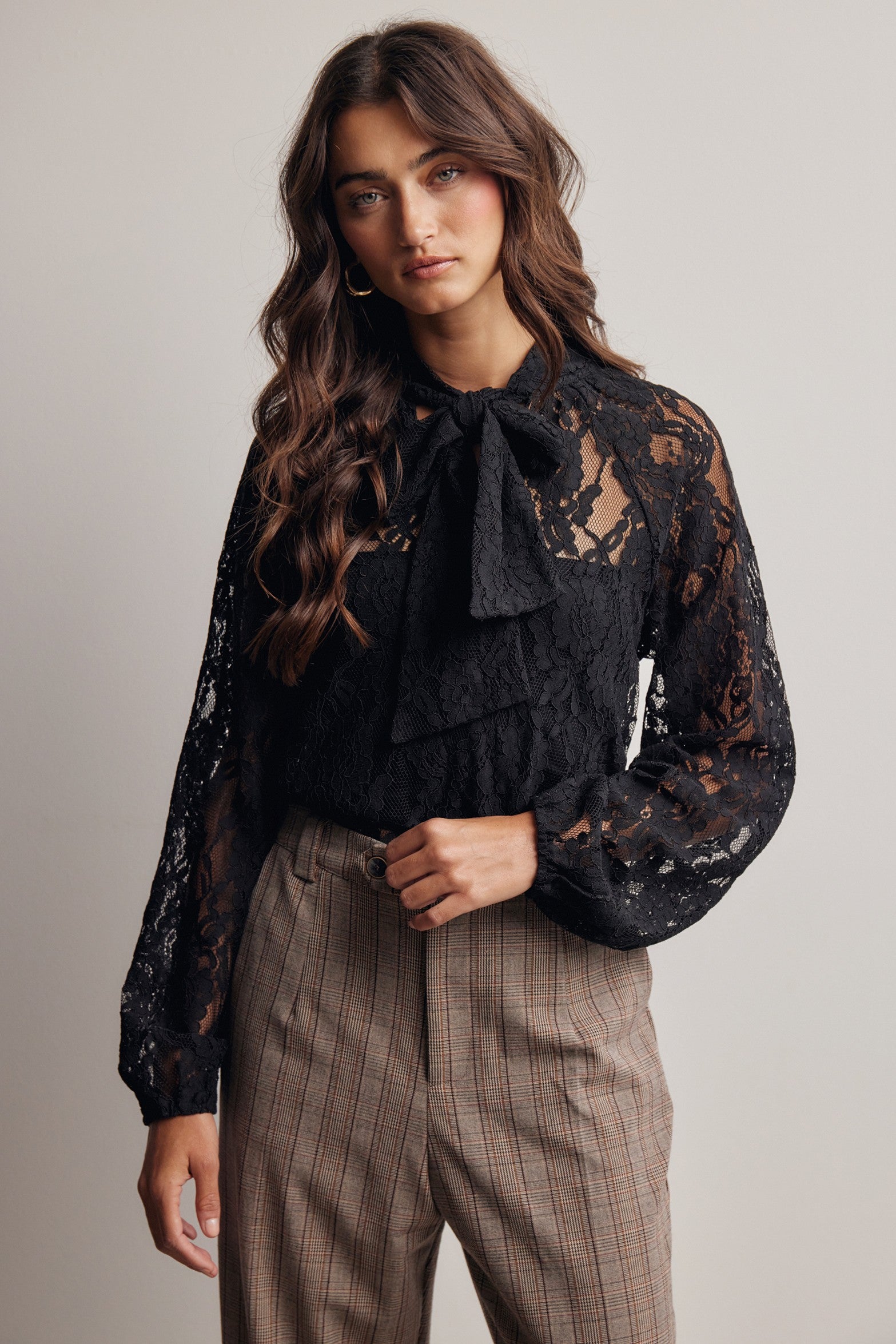 Verity Sheer Lace Tie Neck Blouse in Black, photo 2