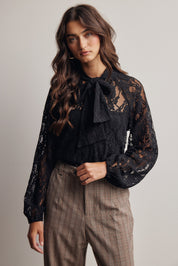 Verity Sheer Lace Tie Neck Blouse in Black, photo 2