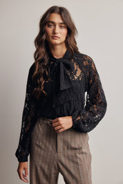 Verity Sheer Lace Tie Neck Blouse in Black, photo 3