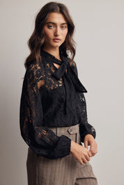 Verity Sheer Lace Tie Neck Blouse in Black, photo 5