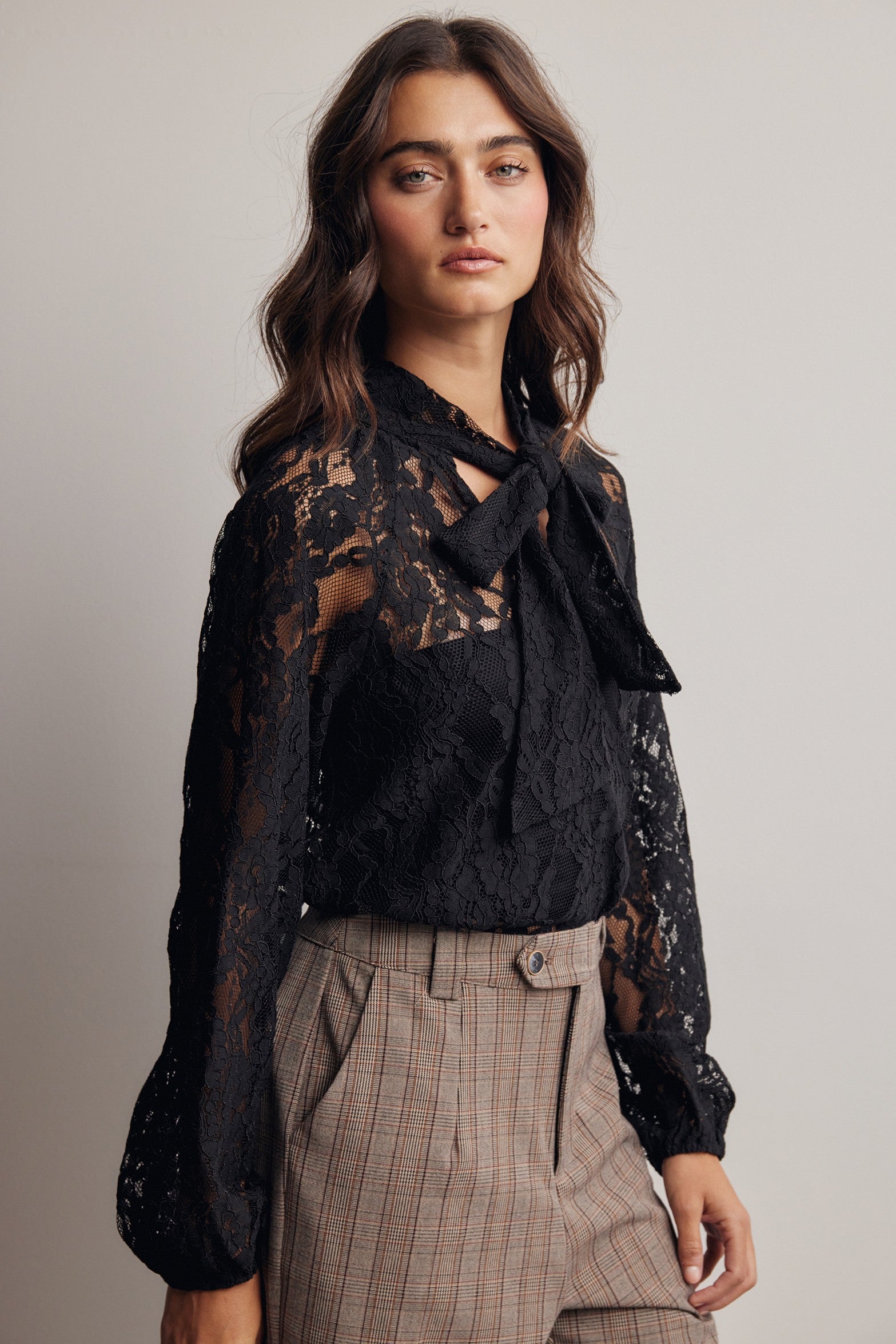 Verity Sheer Lace Tie Neck Blouse in Black, photo 6