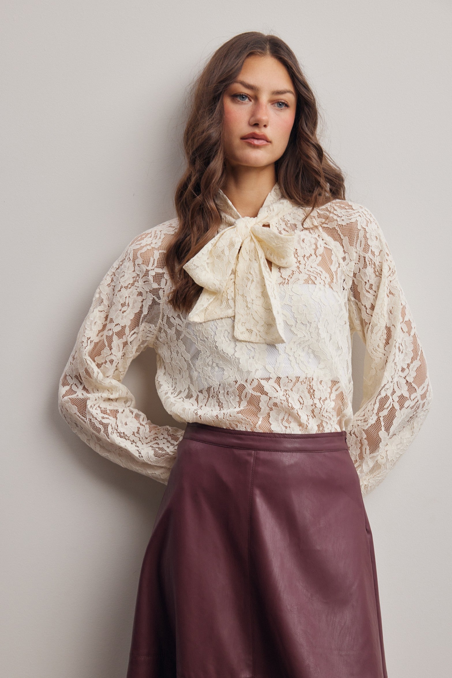 Verity Sheer Lace Tie Neck Blouse in Ivory, photo 2