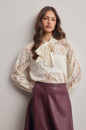 Verity Sheer Lace Tie Neck Blouse in Ivory, photo 2