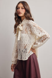 Verity Sheer Lace Tie Neck Blouse in Ivory, photo 6