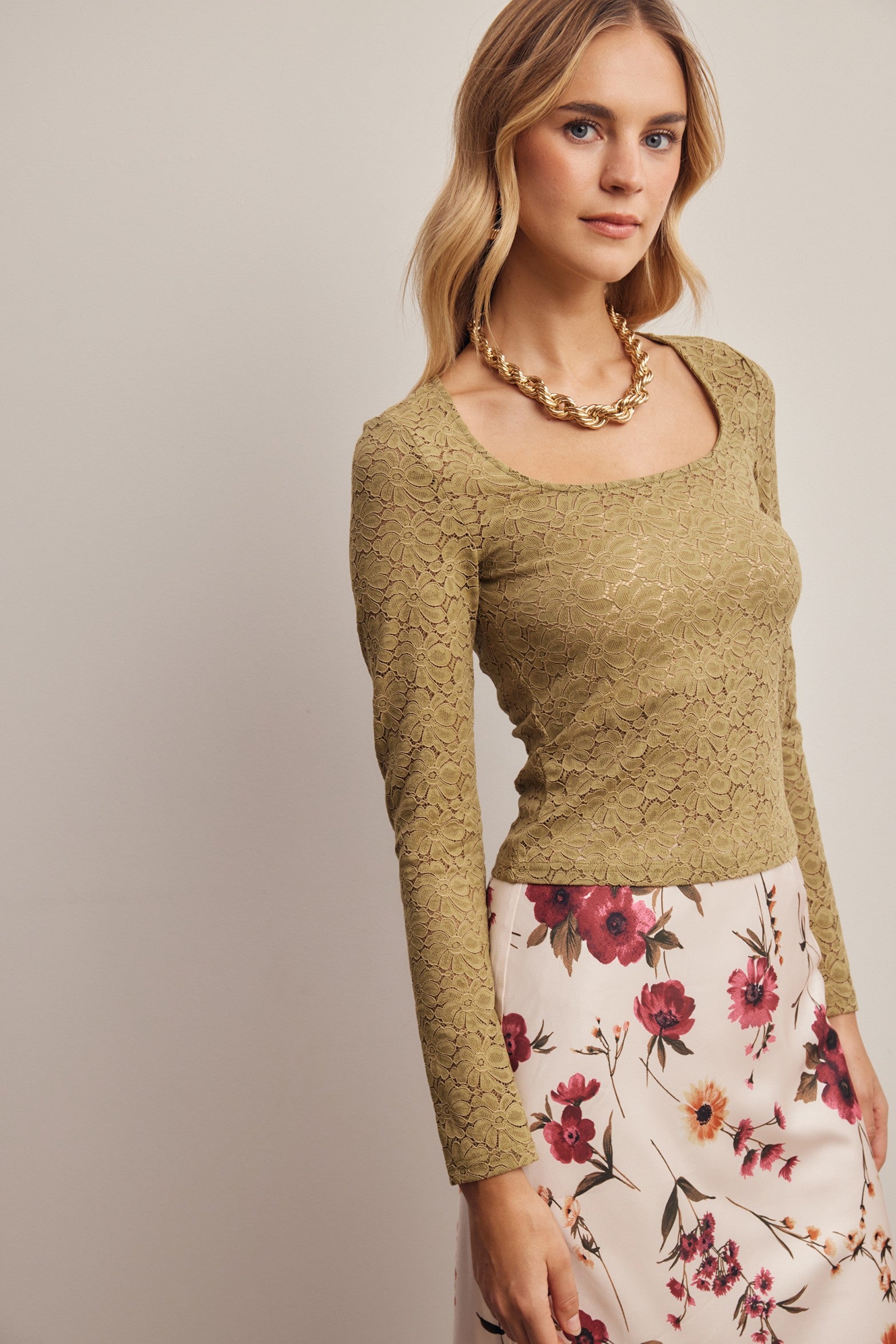 Vesper Floral Lace Square Neck Top in Moss, photo 4
