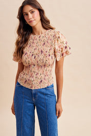 Watercolor Blossoms Smocked Ruffle Sleeve Top - Westly