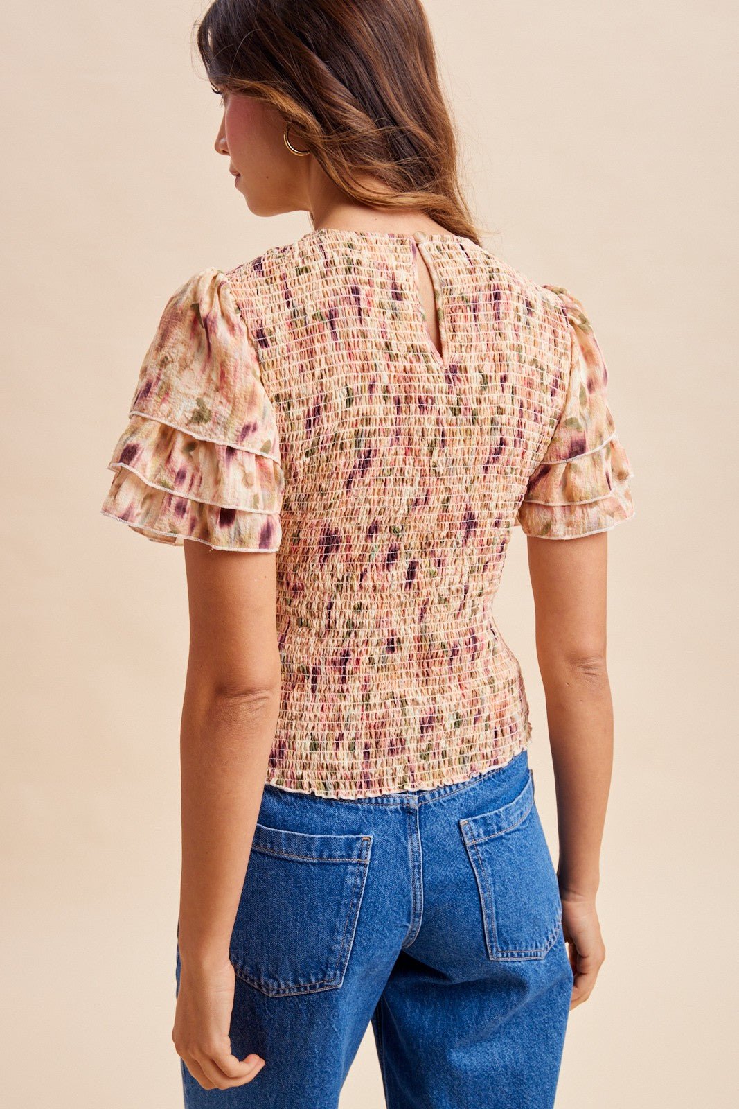 Watercolor Blossoms Smocked Ruffle Sleeve Top - Westly
