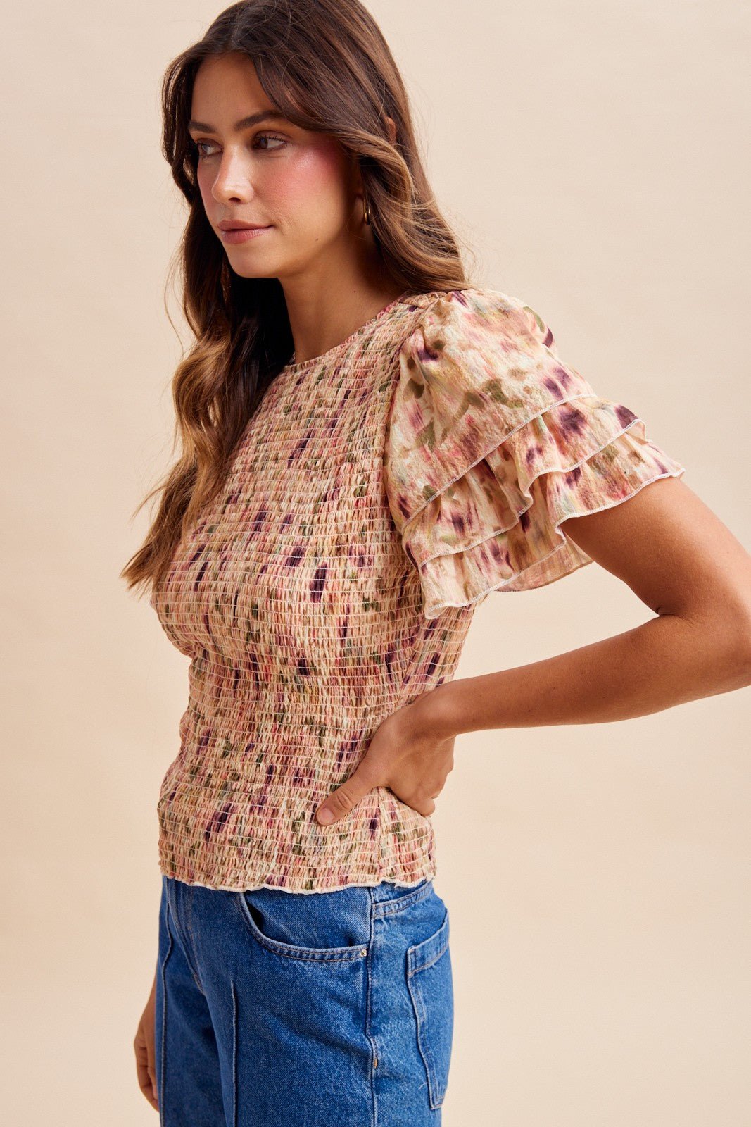 Watercolor Blossoms Smocked Ruffle Sleeve Top - Westly