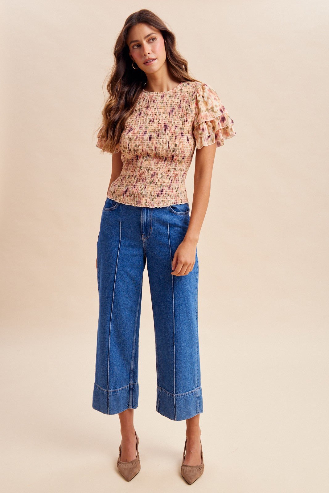 Watercolor Blossoms Smocked Ruffle Sleeve Top - Westly