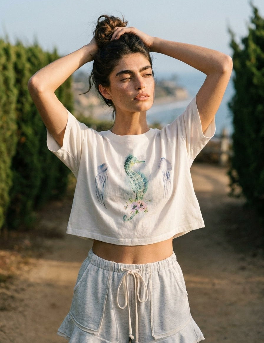 Watercolor Seahorse Cropped Graphic Tee - Westly
